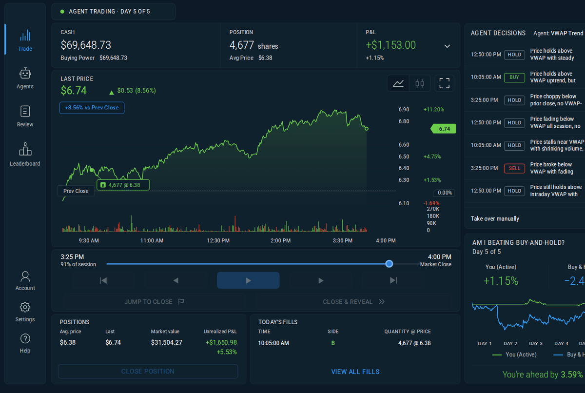 An agent trading a session, with its decision log
